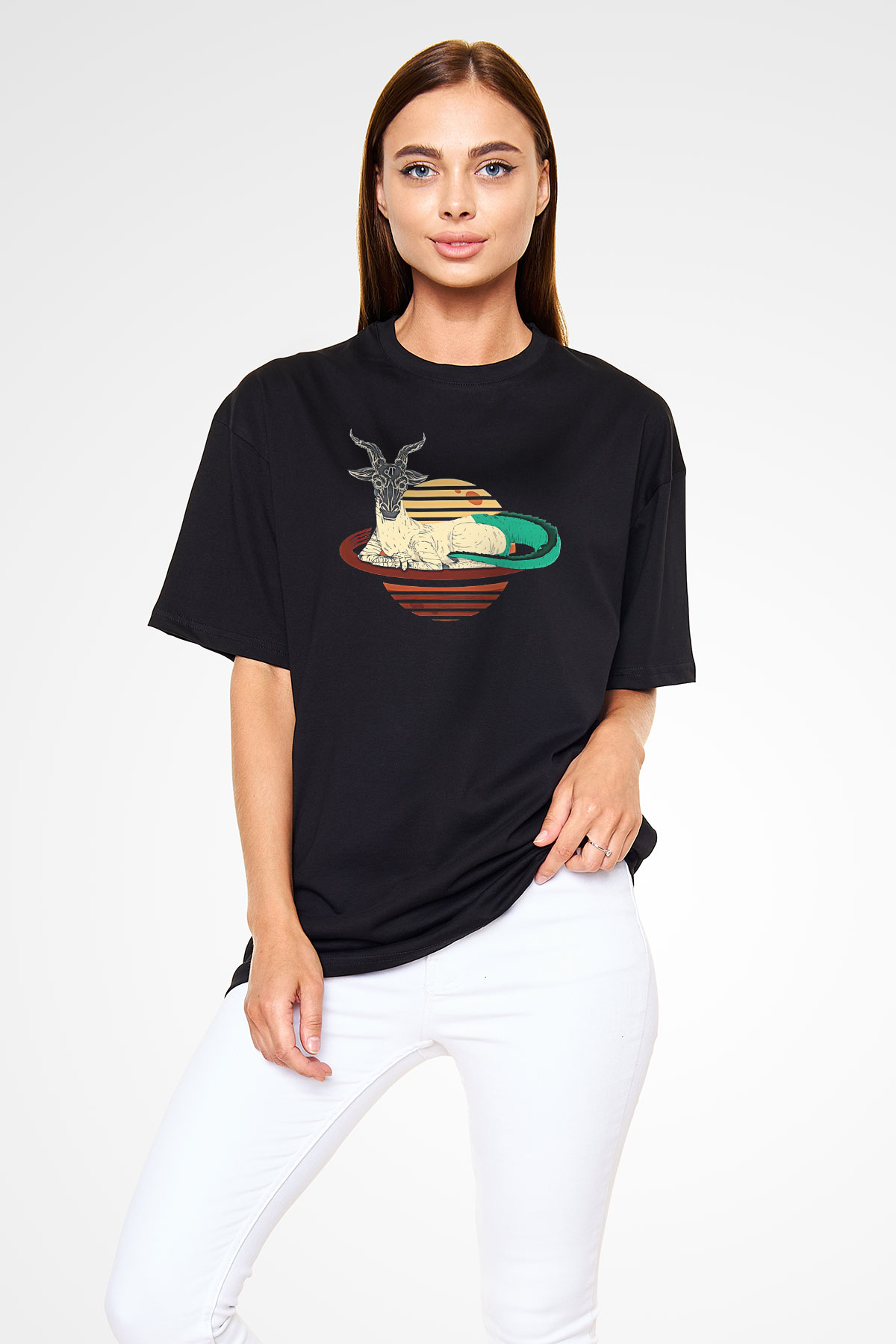 Oğlak Burcu Baskılı Unisex Siyah Oversize Tişört - Tshirt