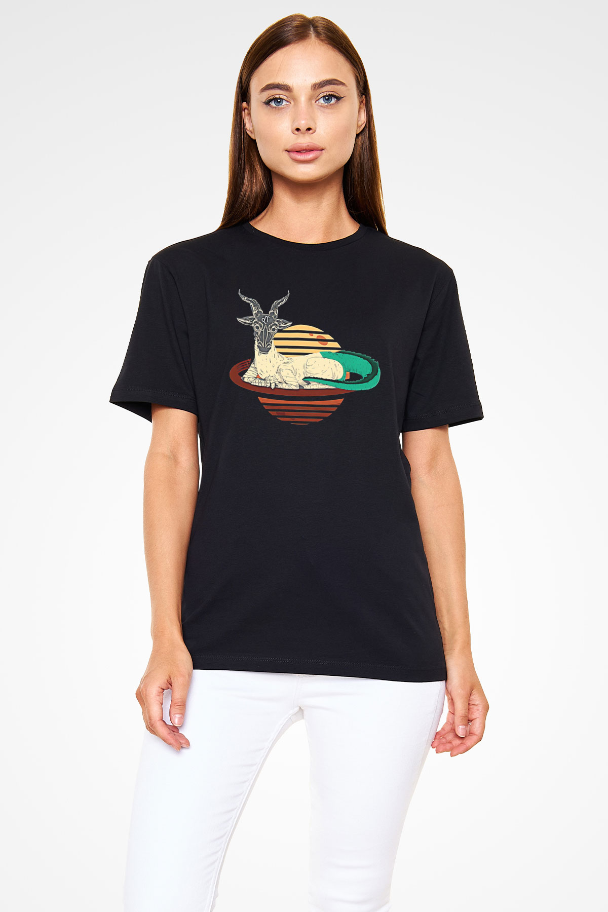 Oğlak Burcu Baskılı Unisex Siyah Tişört - Tshirt