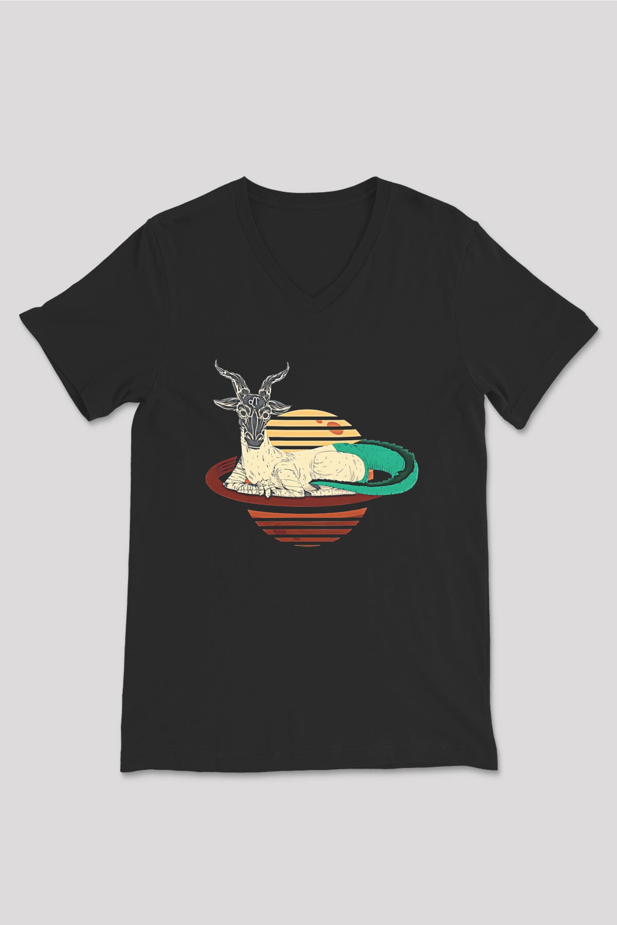 Oğlak Burcu Baskılı Unisex Siyah V Yaka Tişört - Tshirt