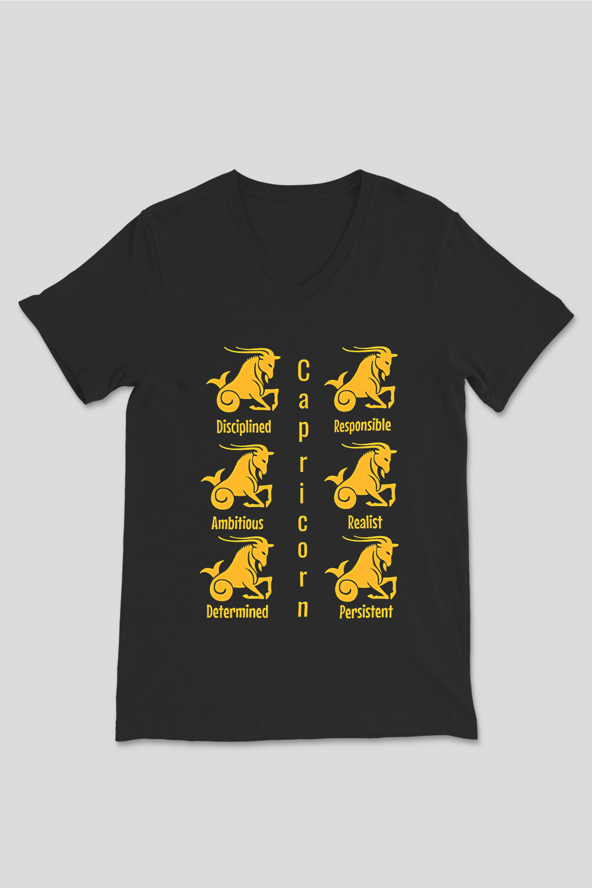 Oğlak Burcu Baskılı Unisex Siyah V Yaka Tişört - Tshirt
