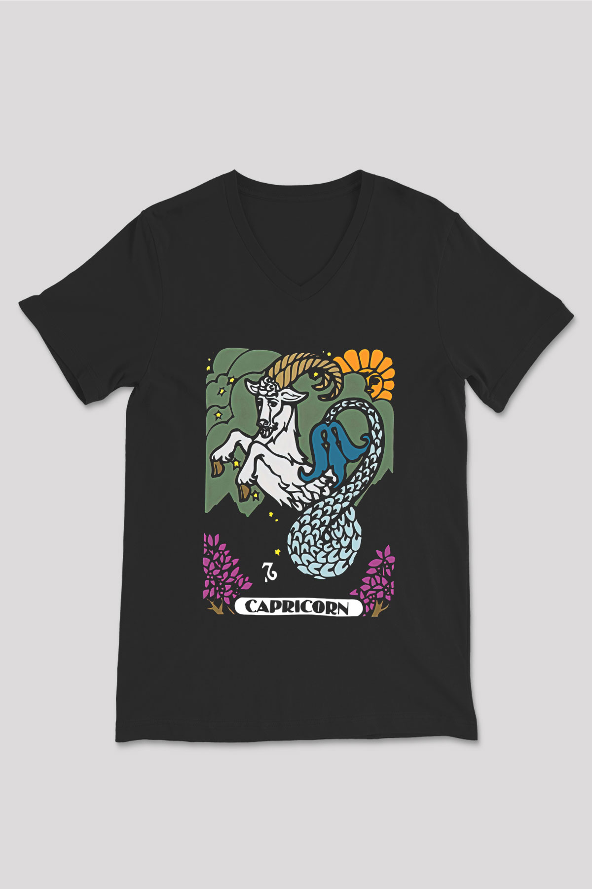 Oğlak Burcu Baskılı Unisex Siyah V Yaka Tişört - Tshirt