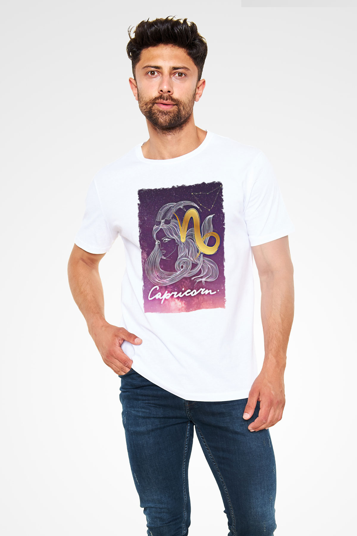 Oğlak Burcu Unisex Baskılı Beyaz Tişört - Tshirt