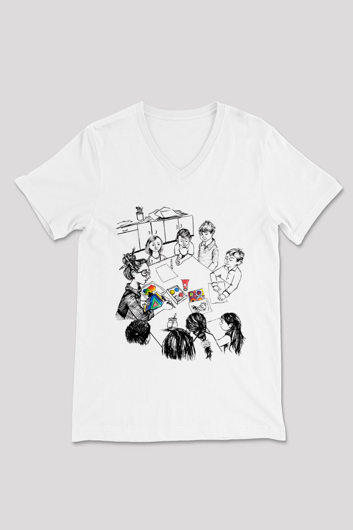 Öğretmen Beyaz Unisex V Yaka Tişört T-Shirt