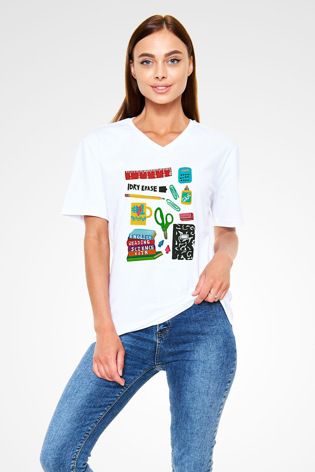 Öğretmenler Günü Baskılı Beyaz Unisex V Yaka Tişört - Tshirt