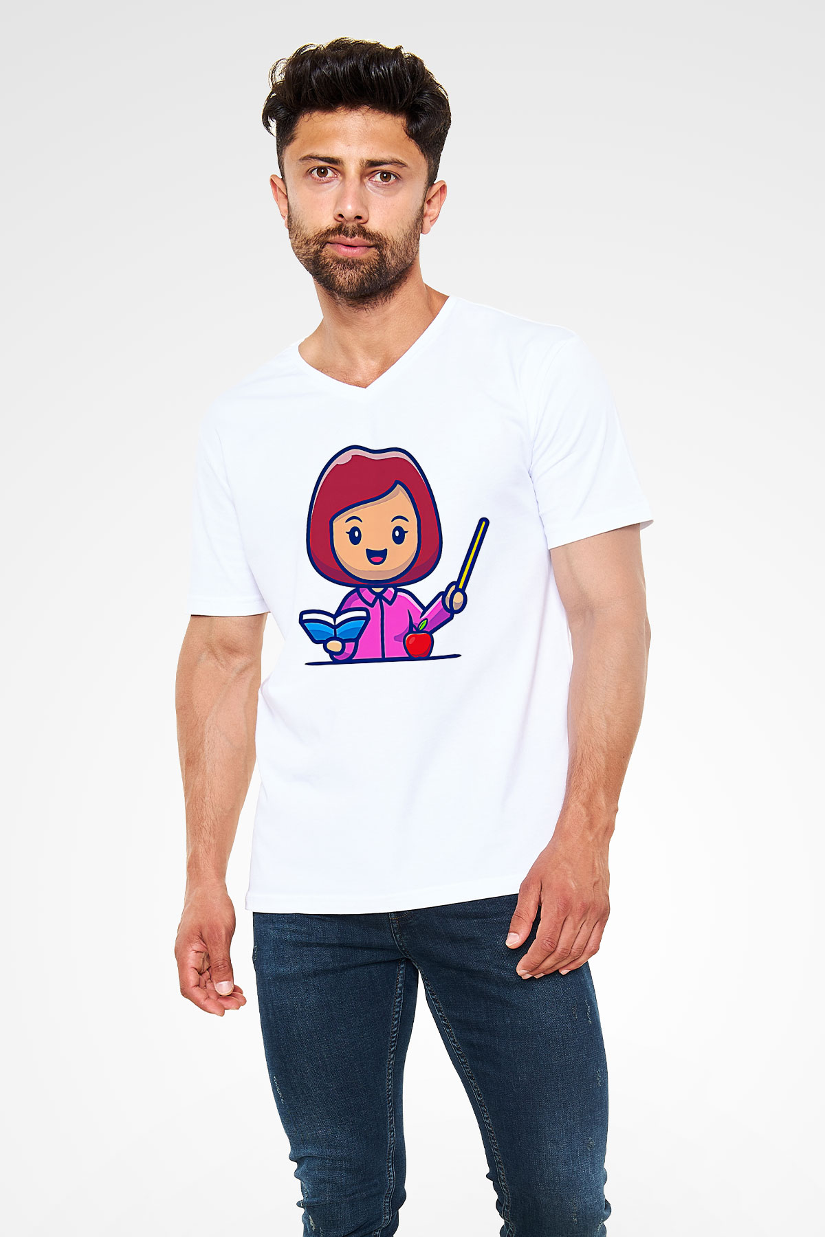 Öğretmenler Günü Baskılı Beyaz Unisex V Yaka Tişört - Tshirt
