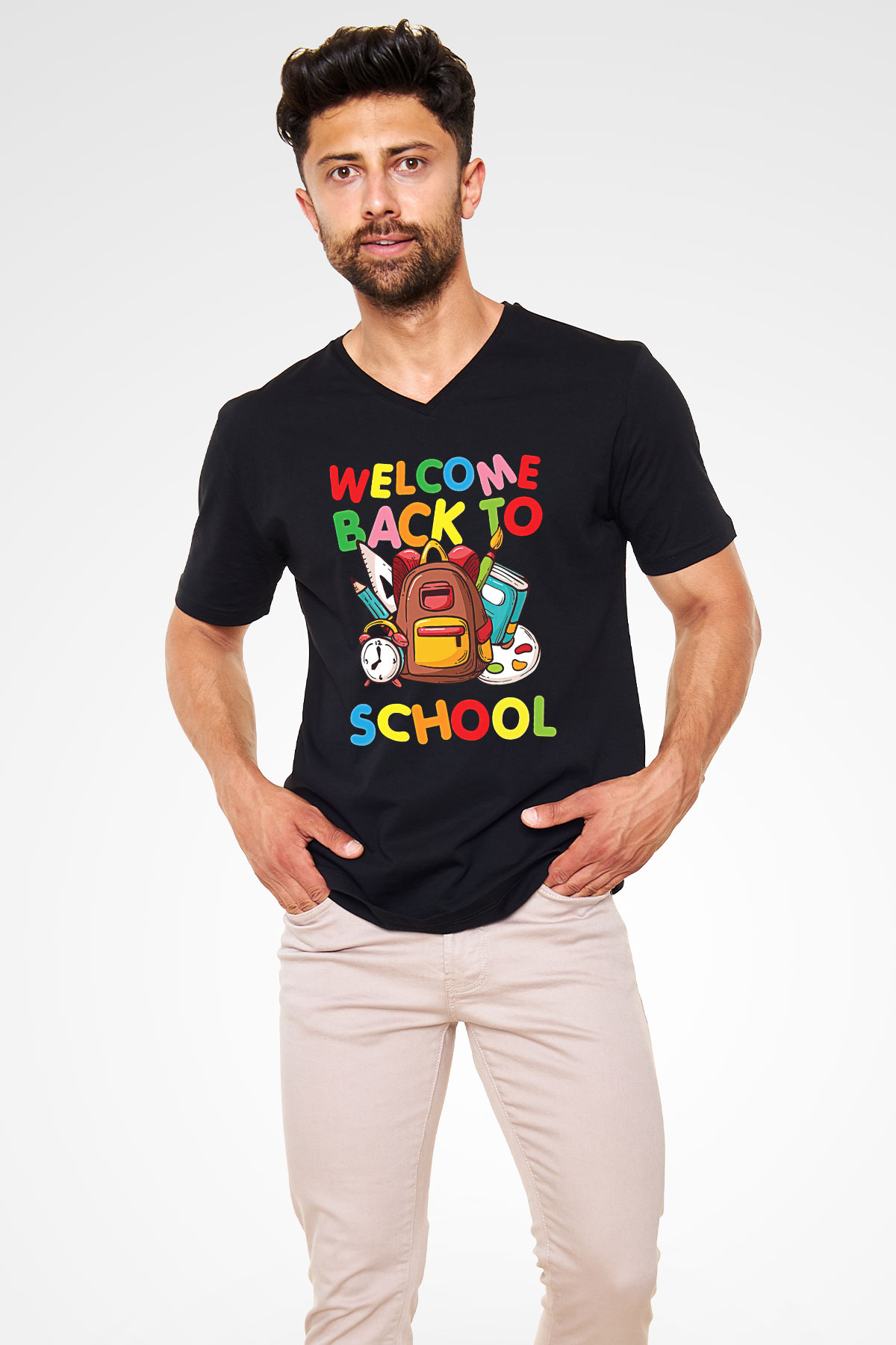 Öğretmenler Günü Baskılı Unisex Siyah V Yaka Tişört - Tshirt