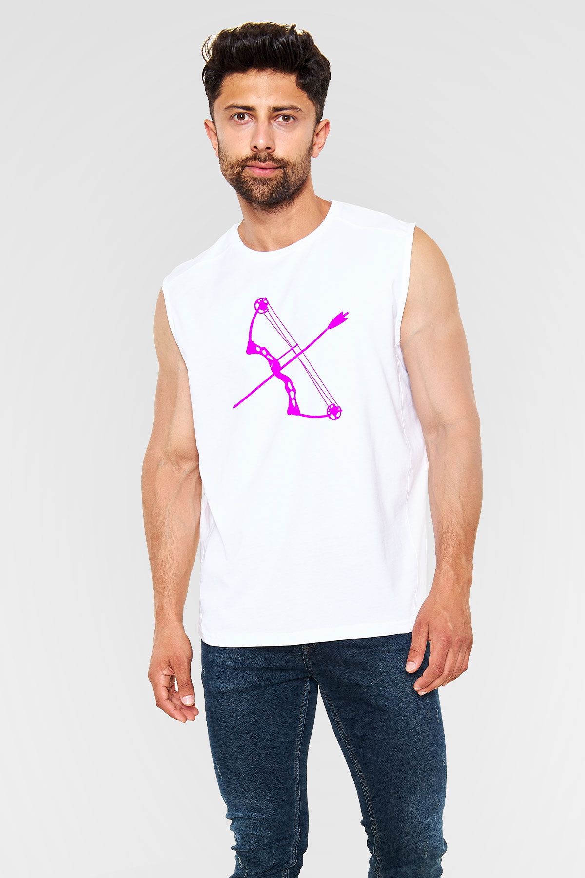 Okçuluk Baskılı Unisex Kolsuz Beyaz Tişört