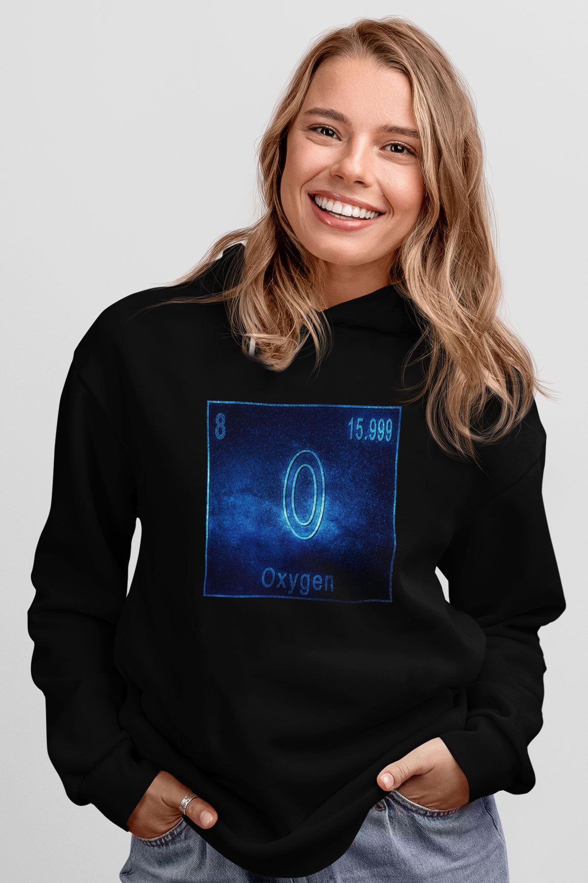 Oksijen Elementi Atom Numarası Baskılı Unisex Siyah Hoodie