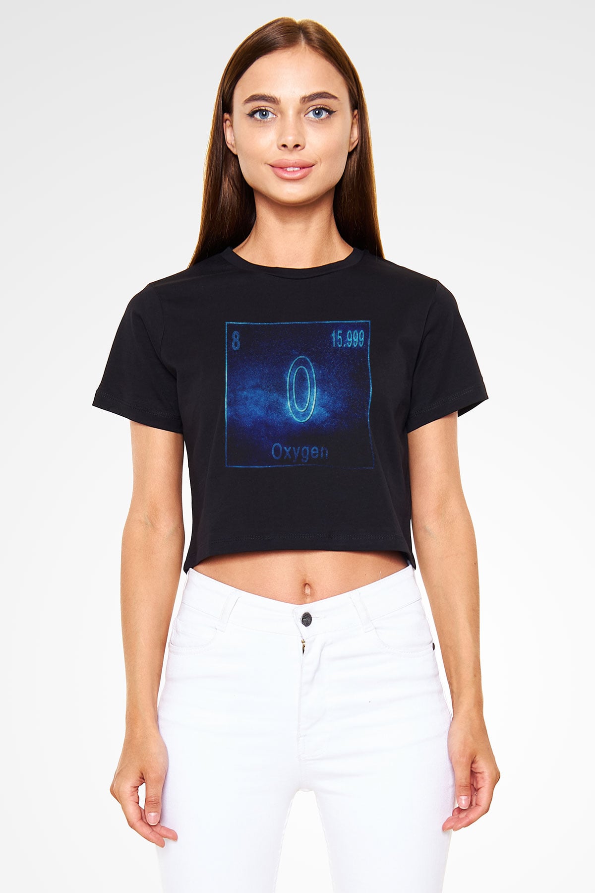 Oksijen Elementi Atom Numarası Baskılı Siyah Kadın Crop Top Tişört