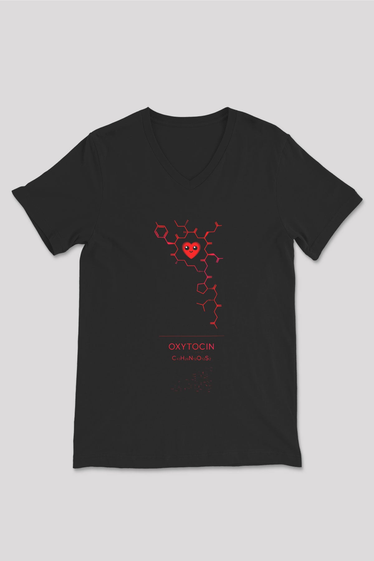 Oksitosin Molekülü Baskılı Unisex V Yaka Siyah Tİşört - Tshirt