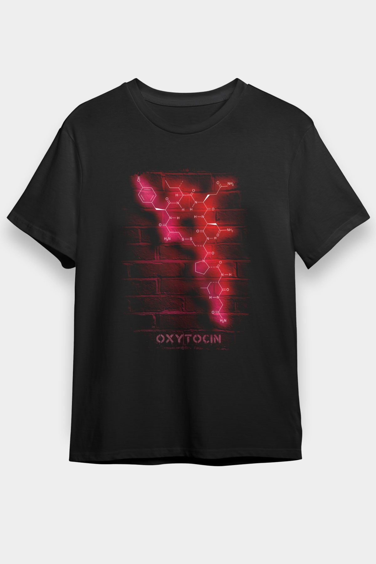 Oksitosin Molekülü Neon Baskılı Unisex Siyah Tişört - Tshirt