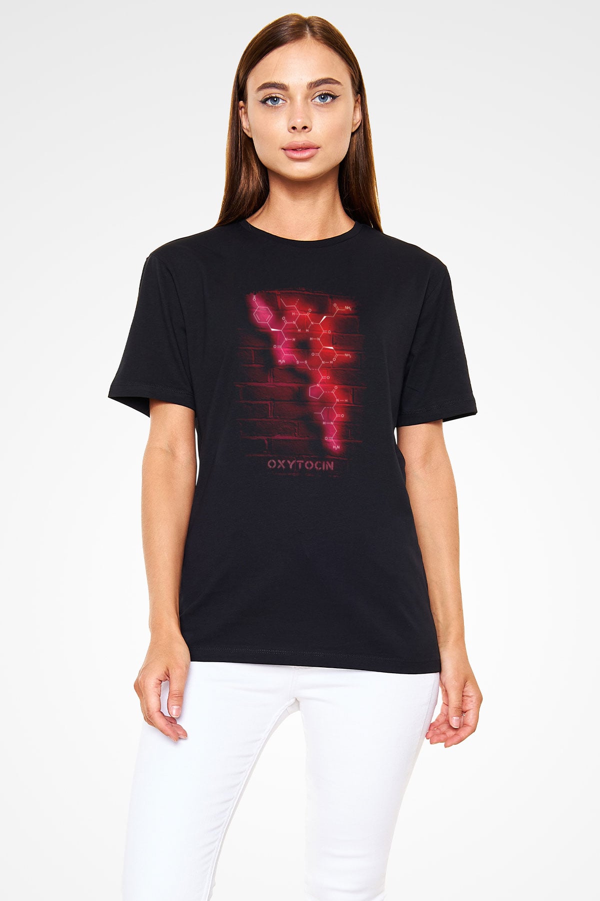 Oksitosin Molekülü Neon Baskılı Unisex Siyah Tişört - Tshirt