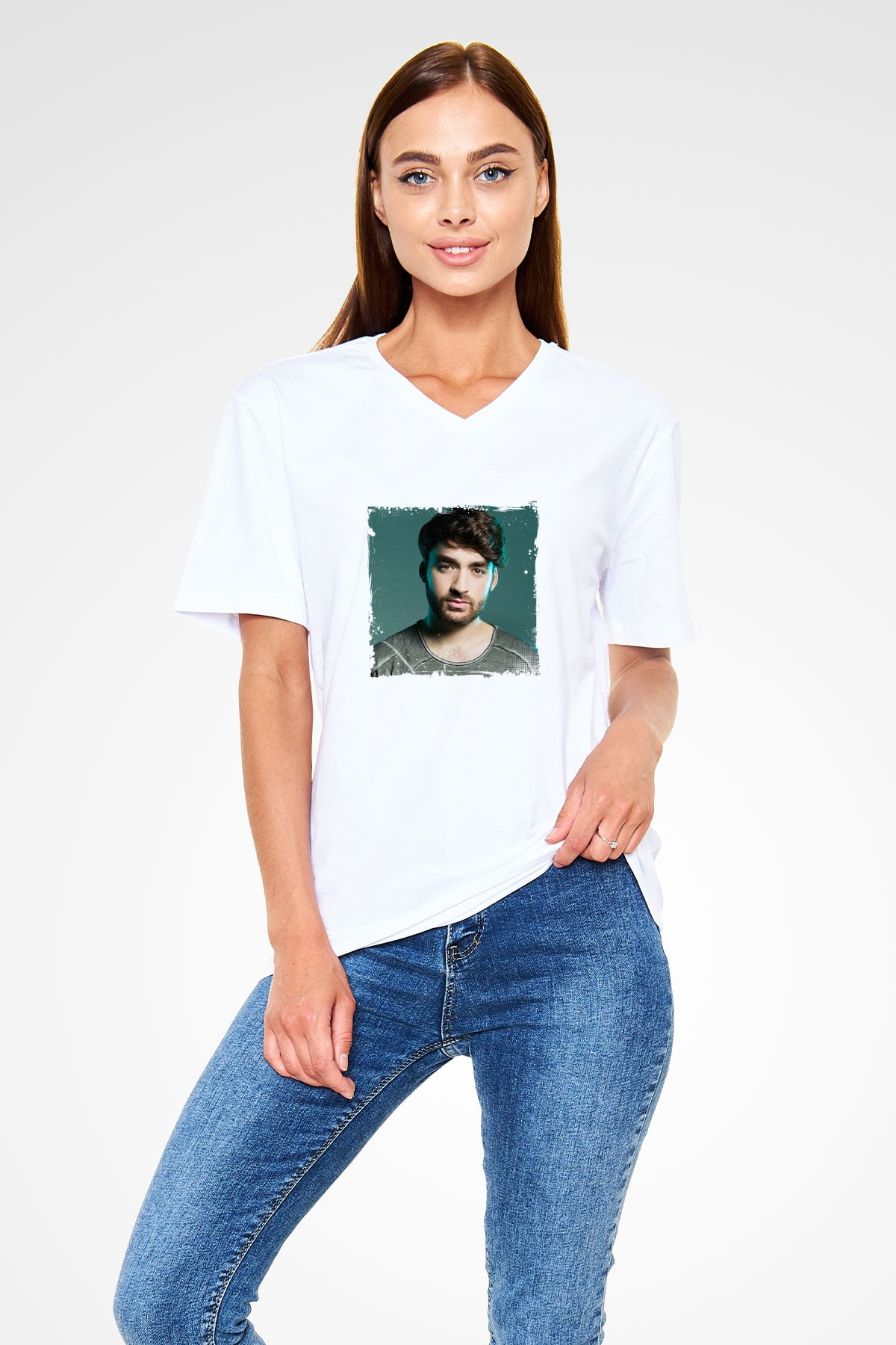 Oliver Heldens Baskılı Beyaz V Yaka Unisex Tişört