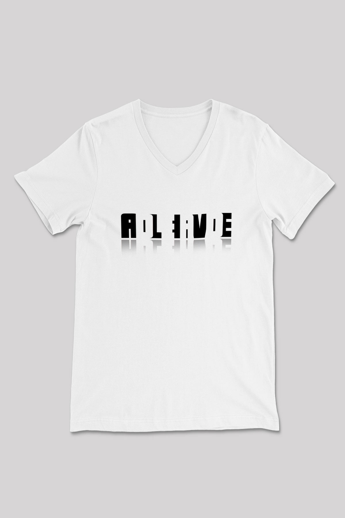 Ölü Canlı Süperpozisyon Baskılı Unisex V Yaka Beyaz Tişört - Tshirt