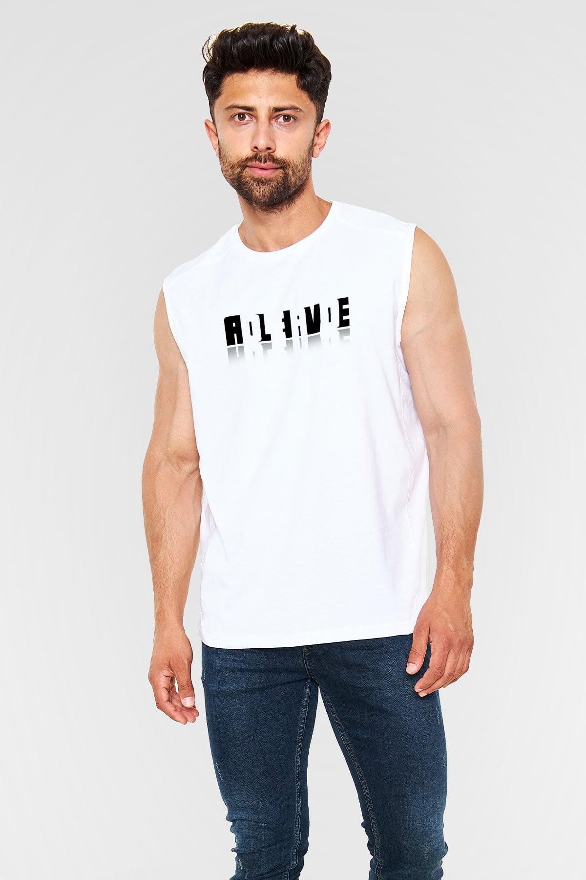 Ölü Canlı Süperpozisyon Baskılı Unisex Kolsuz Beyaz Tişört - Tshirt