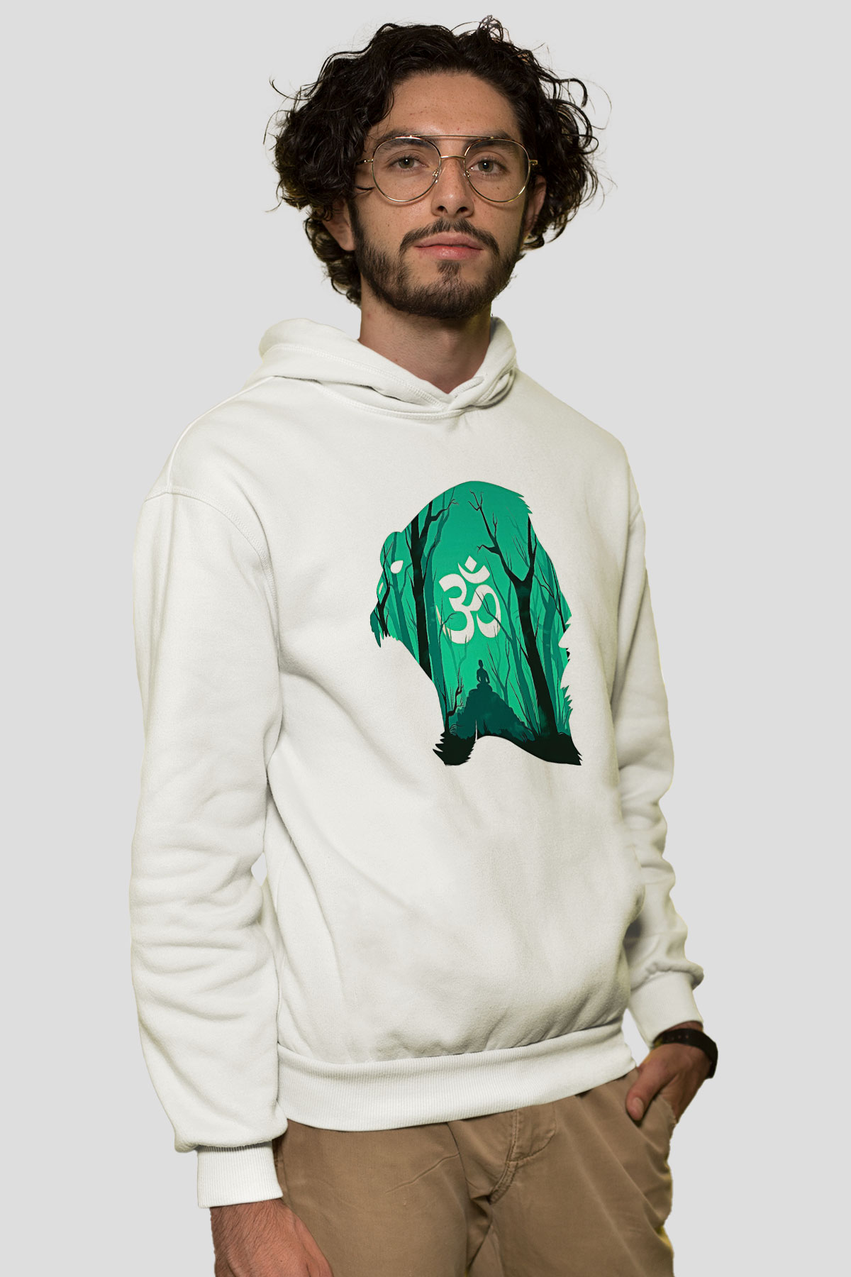 Om Baskılı Beyaz Unisex Kapüşonlu Sweatshirt
