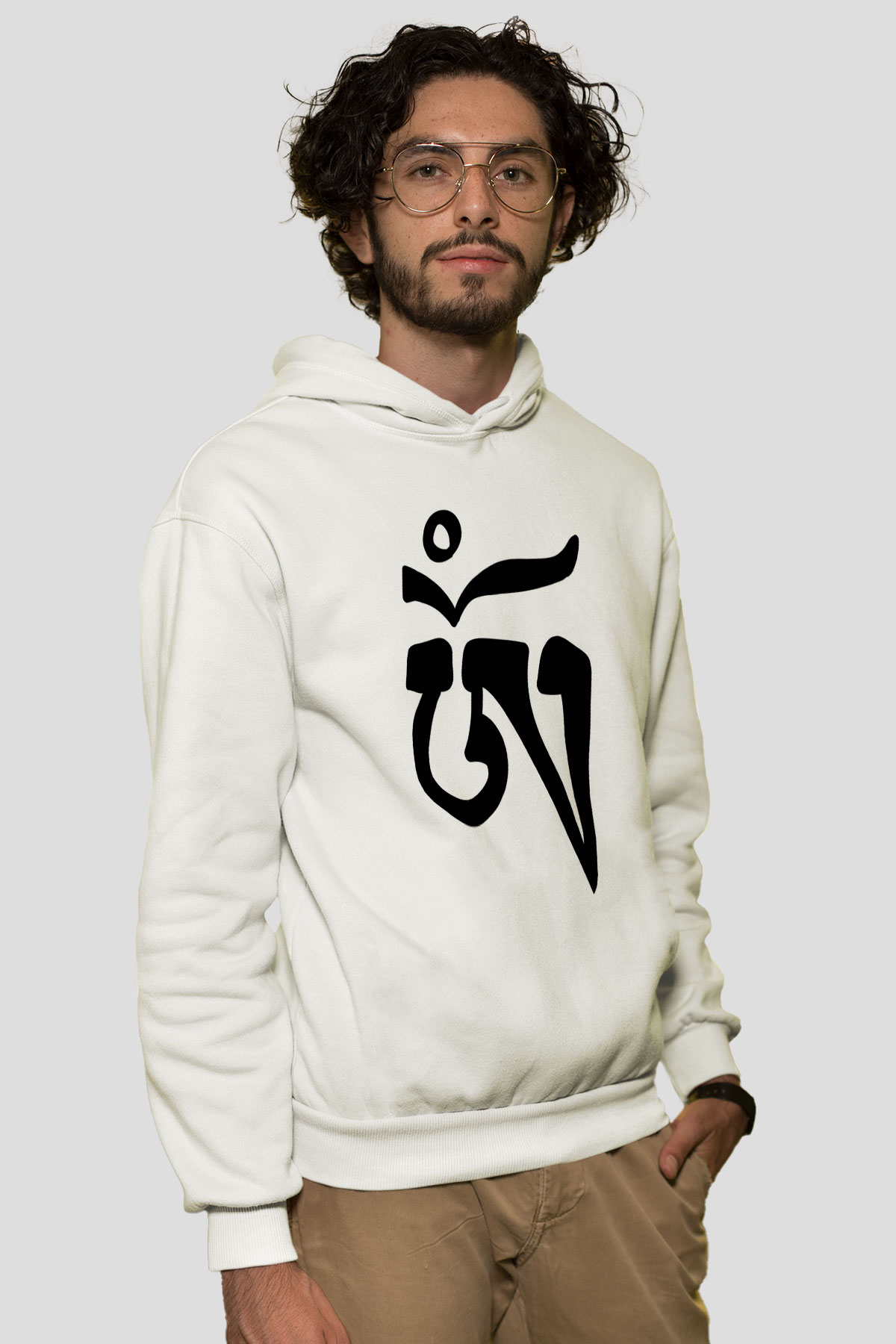 Om Baskılı Beyaz Unisex Kapüşonlu Sweatshirt