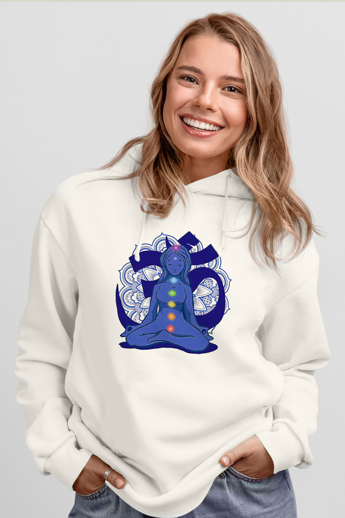 Om Baskılı Beyaz Unisex Kapüşonlu Sweatshirt