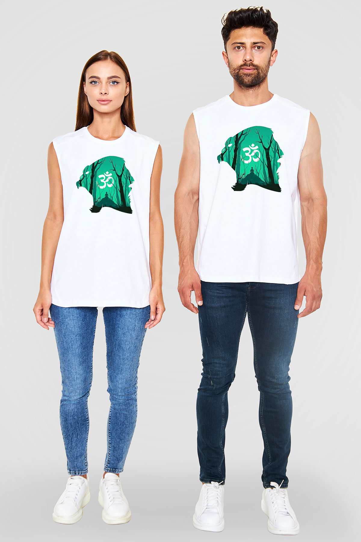 Om Baskılı Beyaz Unisex Kolsuz Tişört - Tshirt