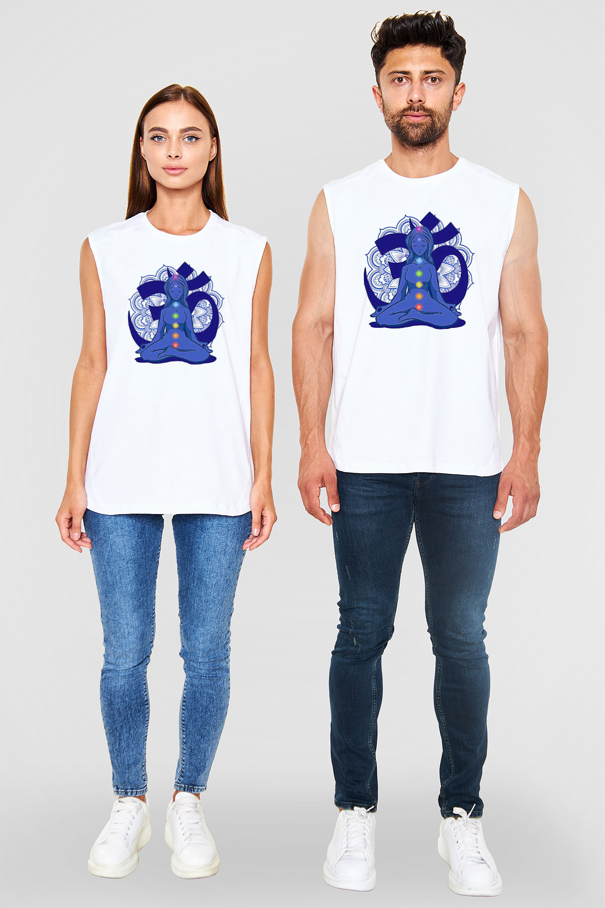Om Baskılı Beyaz Unisex Kolsuz Tişört - Tshirt