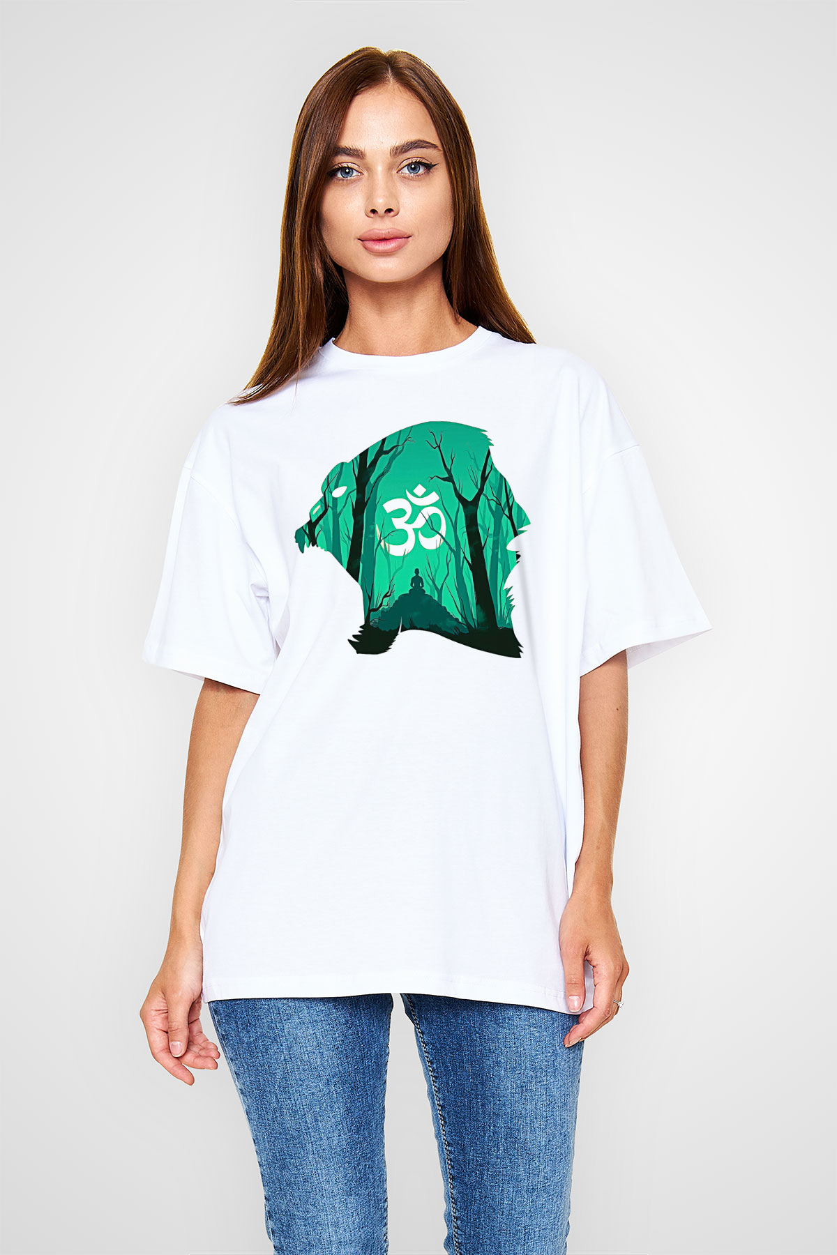 Om Baskılı Beyaz Unisex Oversize Tişört - Tshirt