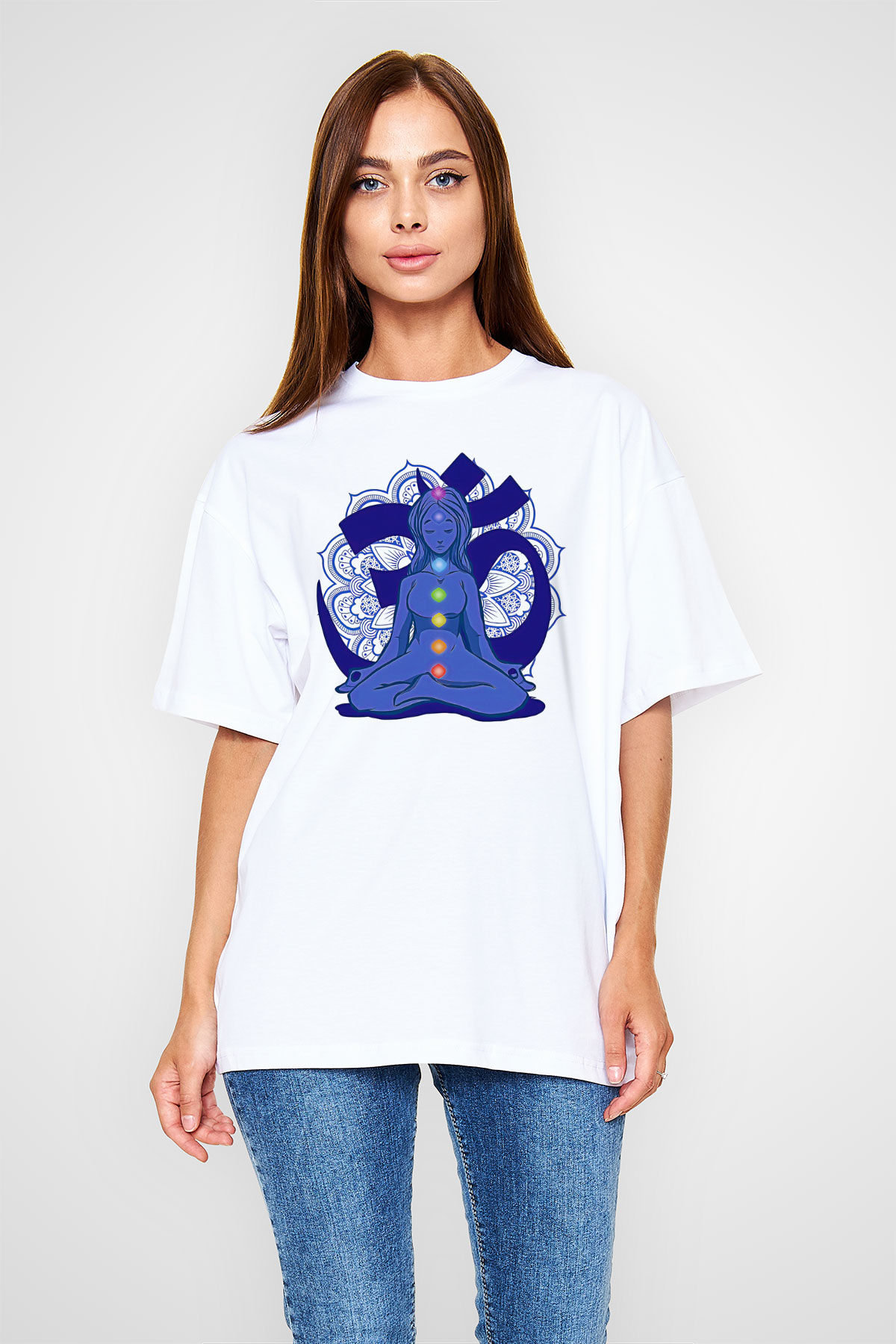 Om Baskılı Beyaz Unisex Oversize Tişört - Tshirt