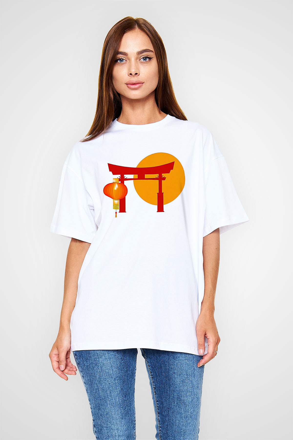 Om Baskılı Beyaz Unisex Oversize Tişört - Tshirt