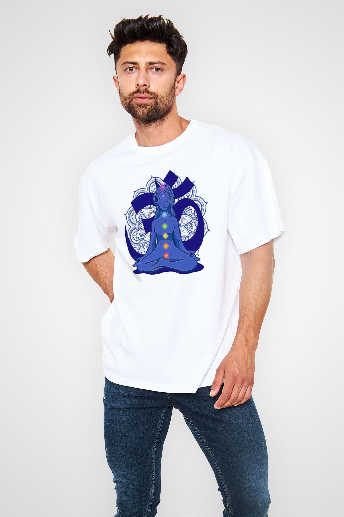 Om Baskılı Beyaz Unisex Oversize Tişört - Tshirt