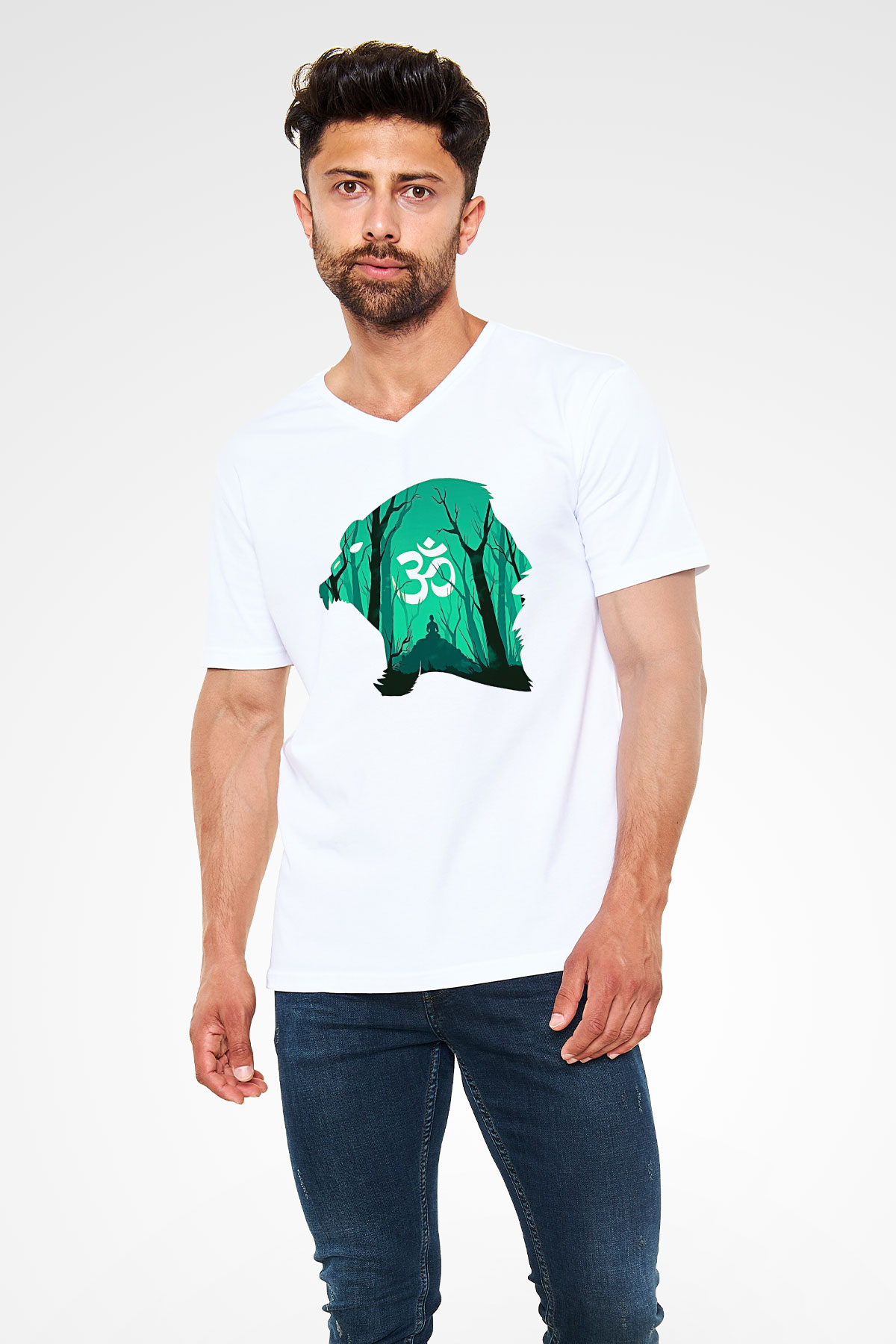 Om Baskılı Beyaz Unisex V Yaka Tişört - Tshirt