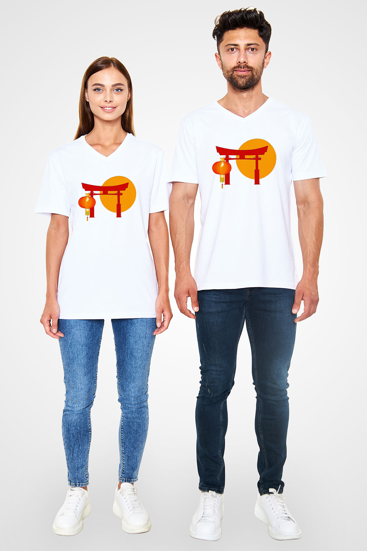 Om Baskılı Beyaz Unisex V Yaka Tişört - Tshirt
