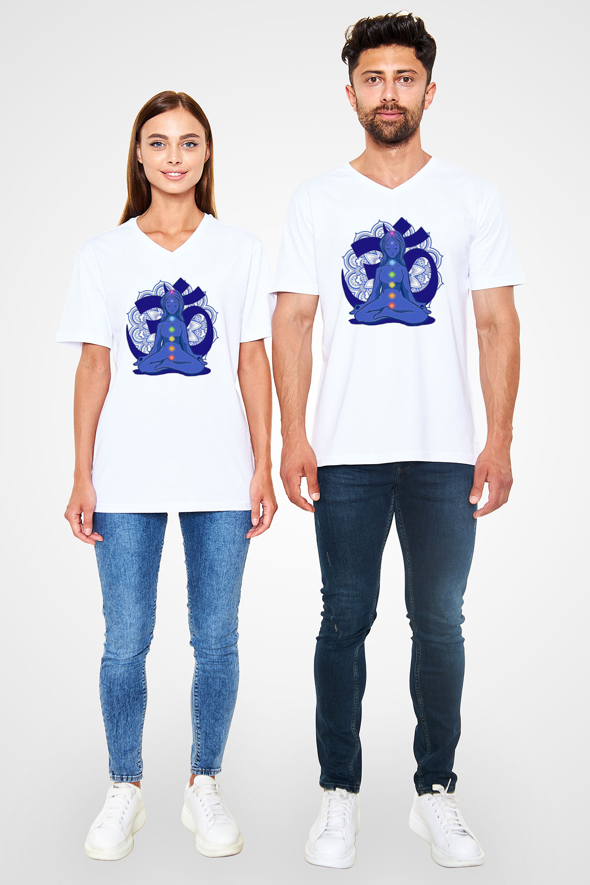 Om Baskılı Beyaz Unisex V Yaka Tişört - Tshirt