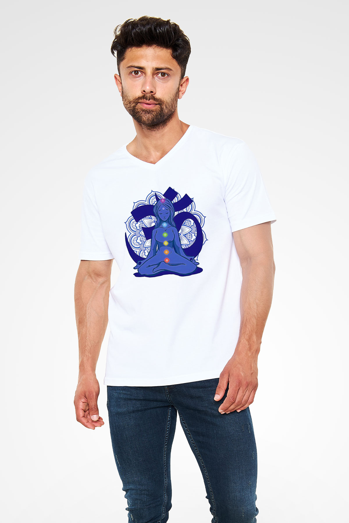 Om Baskılı Beyaz Unisex V Yaka Tişört - Tshirt
