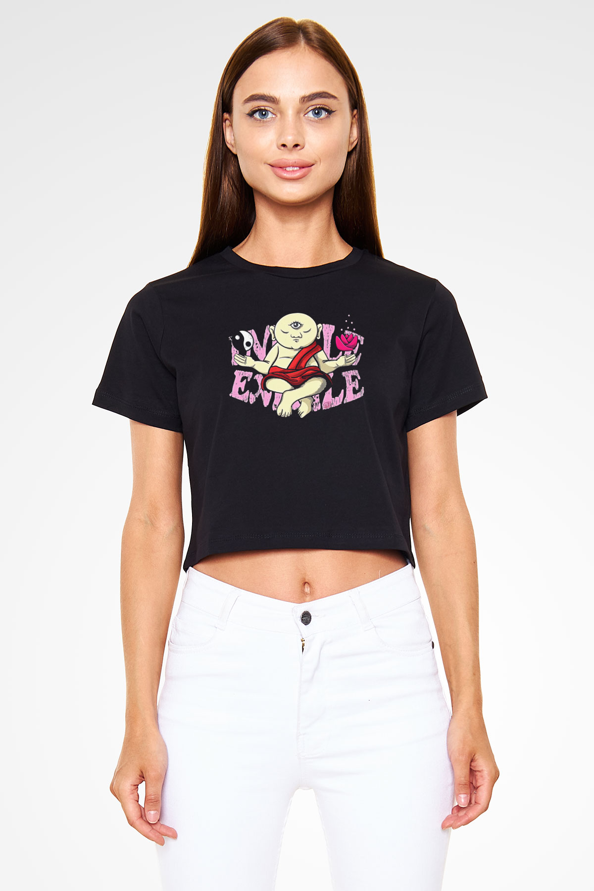 Om Baskılı Siyah Crop Top Kadın Tişört - Tshirt