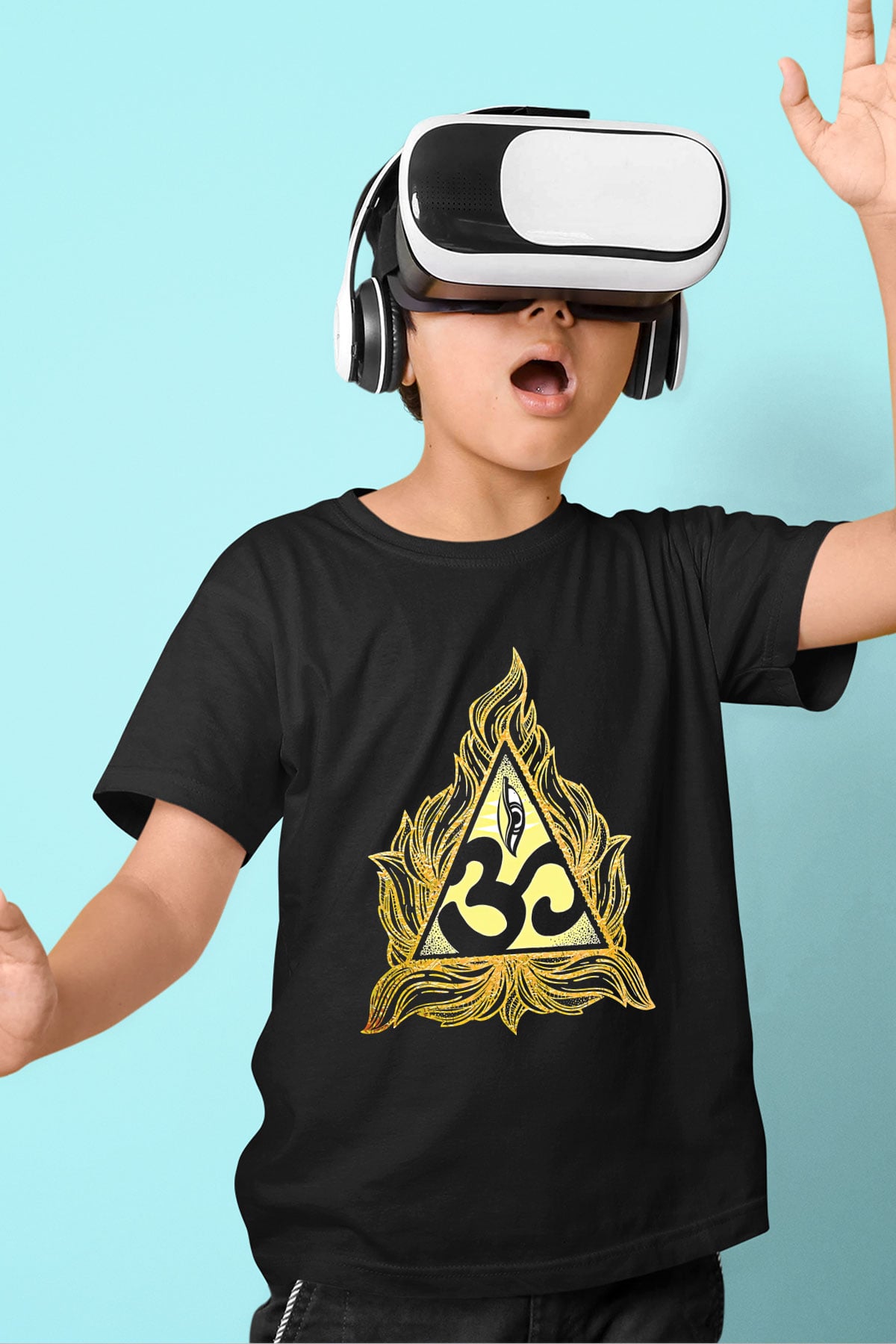 Om Baskılı Unisex Siyah Çocuk Tişört - Tshirt