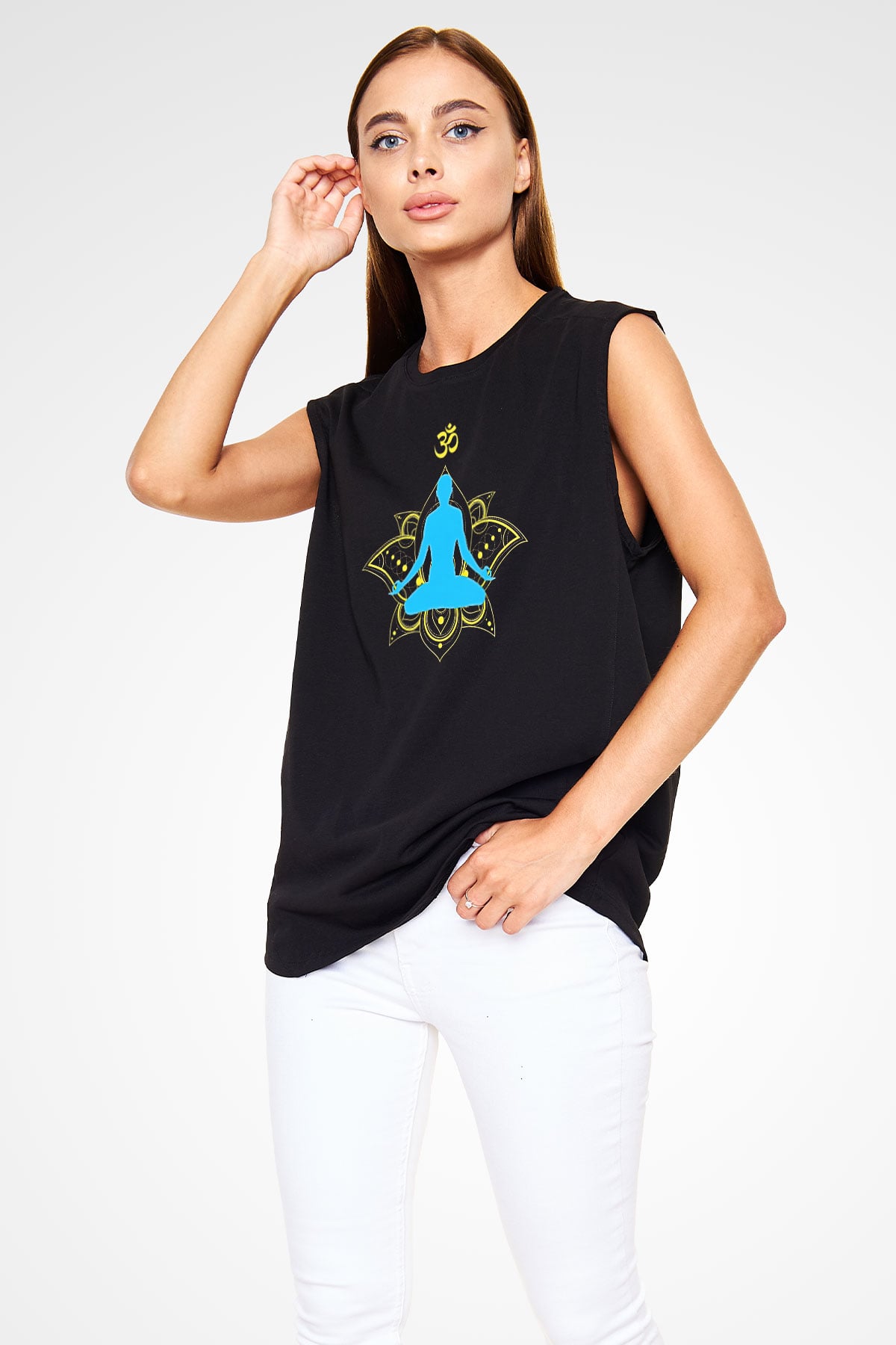 Om Baskılı Unisex Siyah Kolsuz Tişört - Tshirt