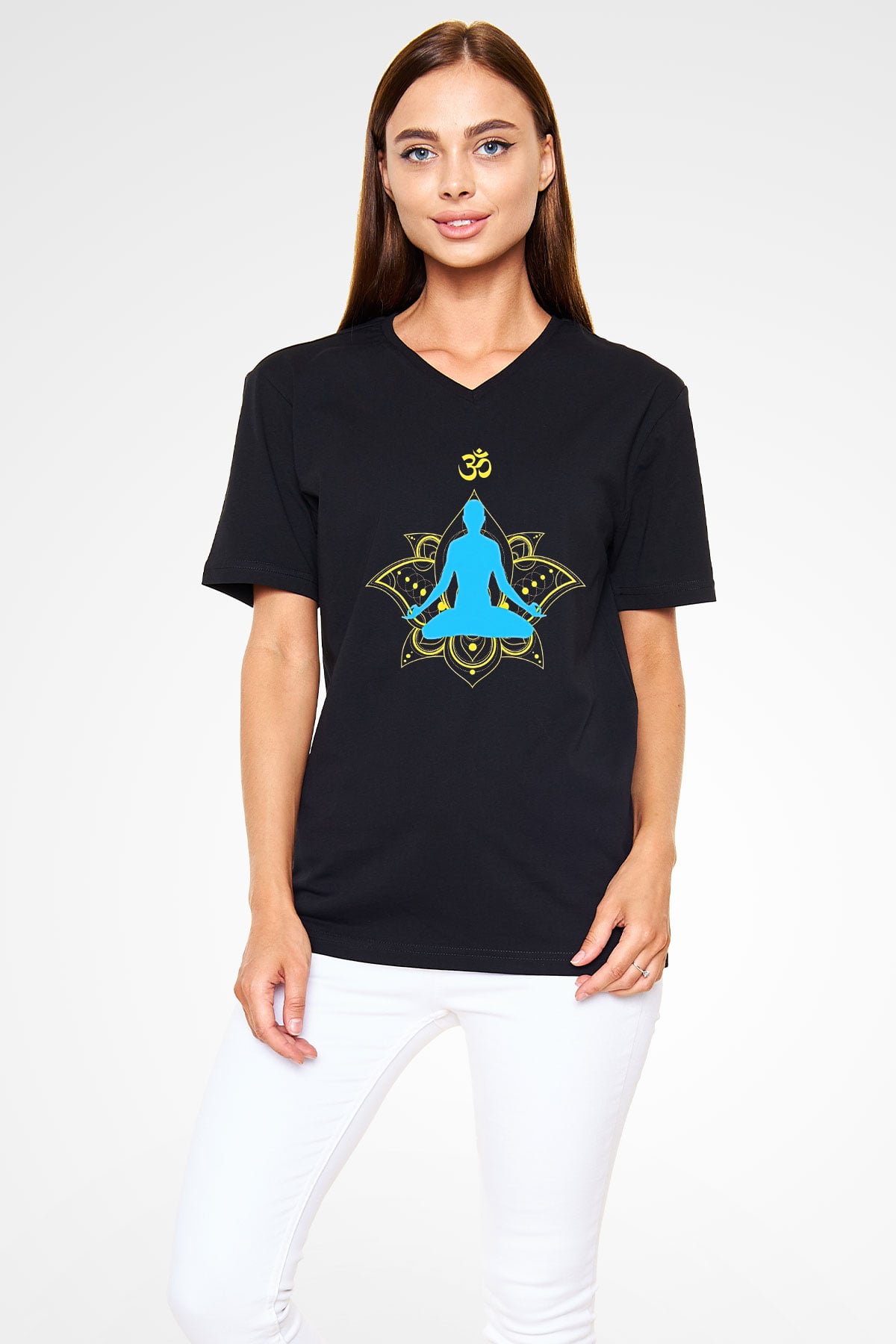 Om Baskılı Unisex Siyah V Yaka Tişört - Tshirt