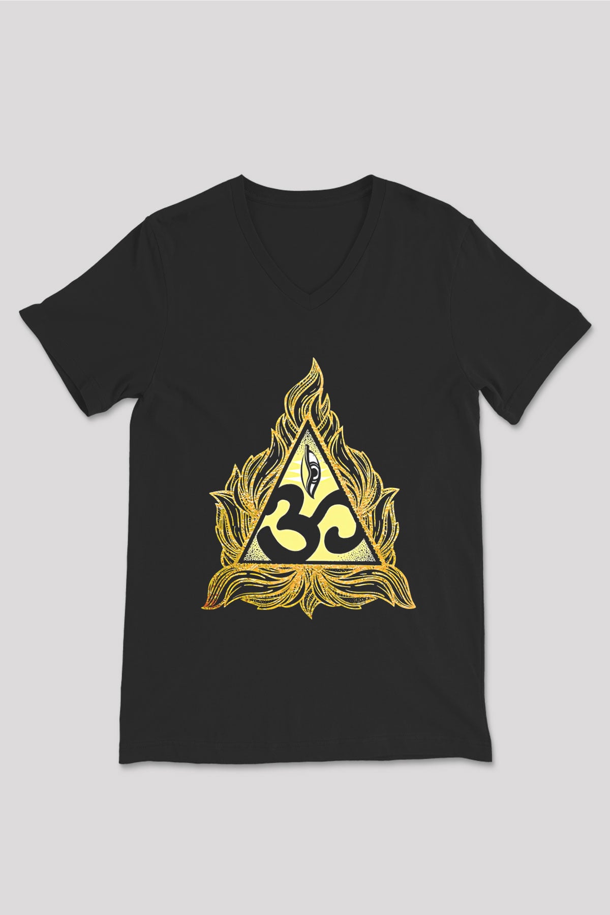 Om Baskılı Unisex Siyah V Yaka Tişört - Tshirt
