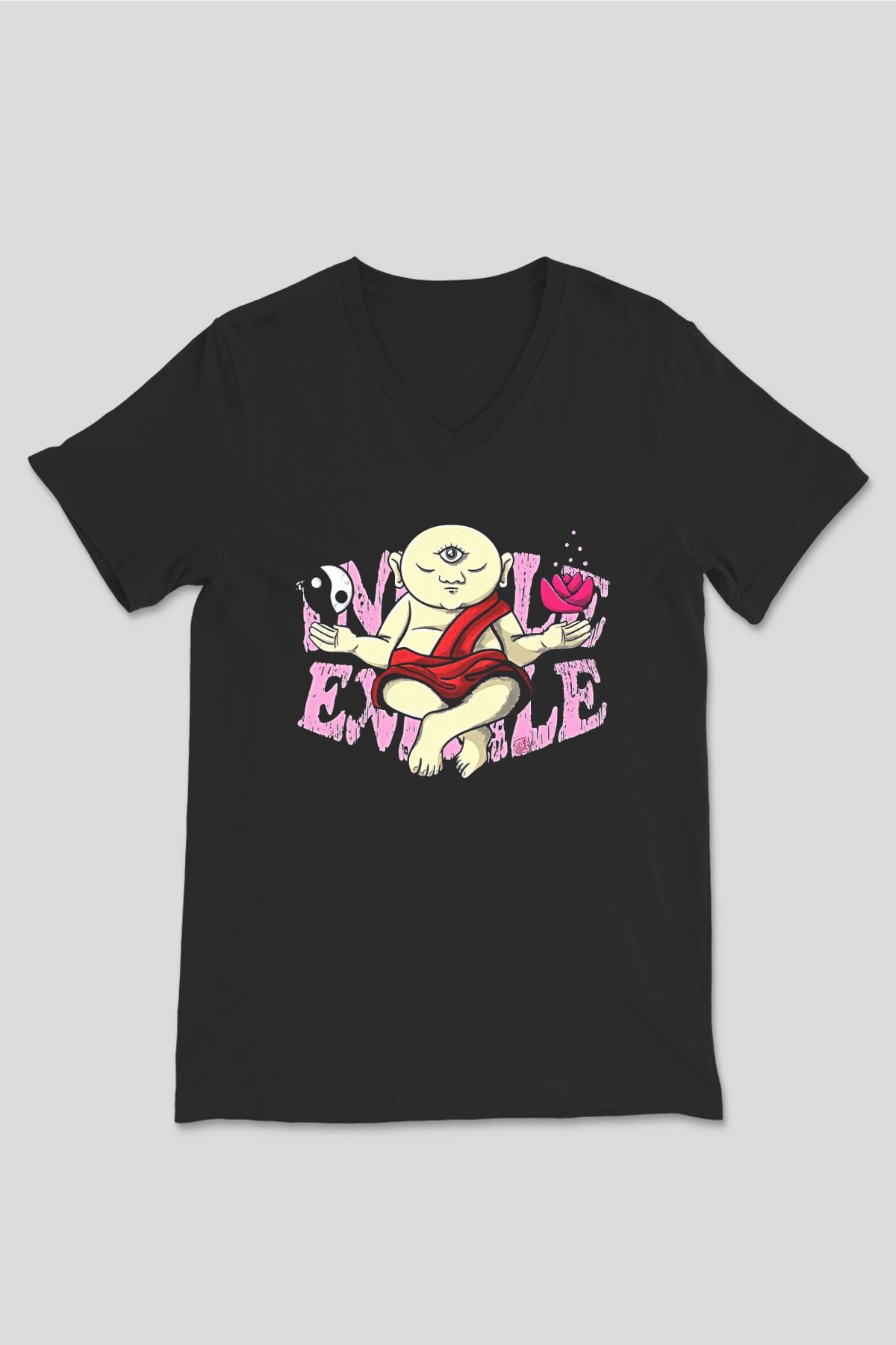 Om Baskılı Unisex Siyah V Yaka Tişört - Tshirt