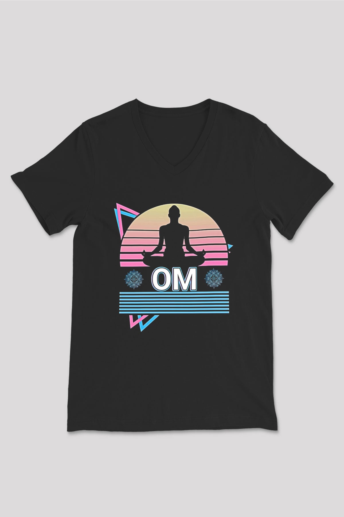 Om Baskılı Unisex Siyah V Yaka Tişört - Tshirt