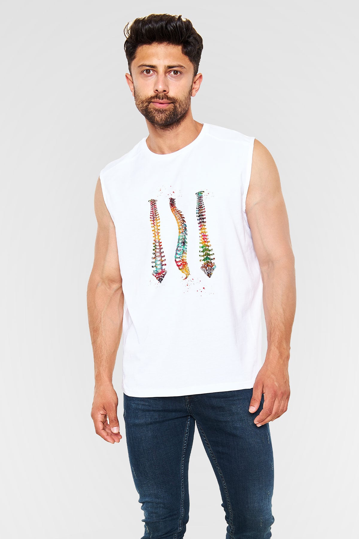 Omurga Renkli Baskılı Unisex Kolsuz Beyaz Tişört - Tshirt