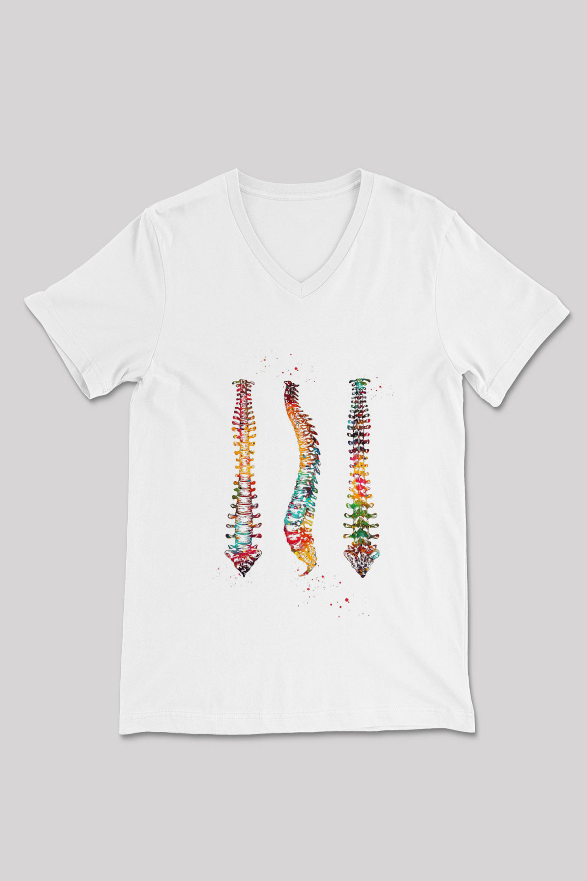 Omurga Renkli Baskılı Unisex V Yaka Beyaz Tişört - Tshirt