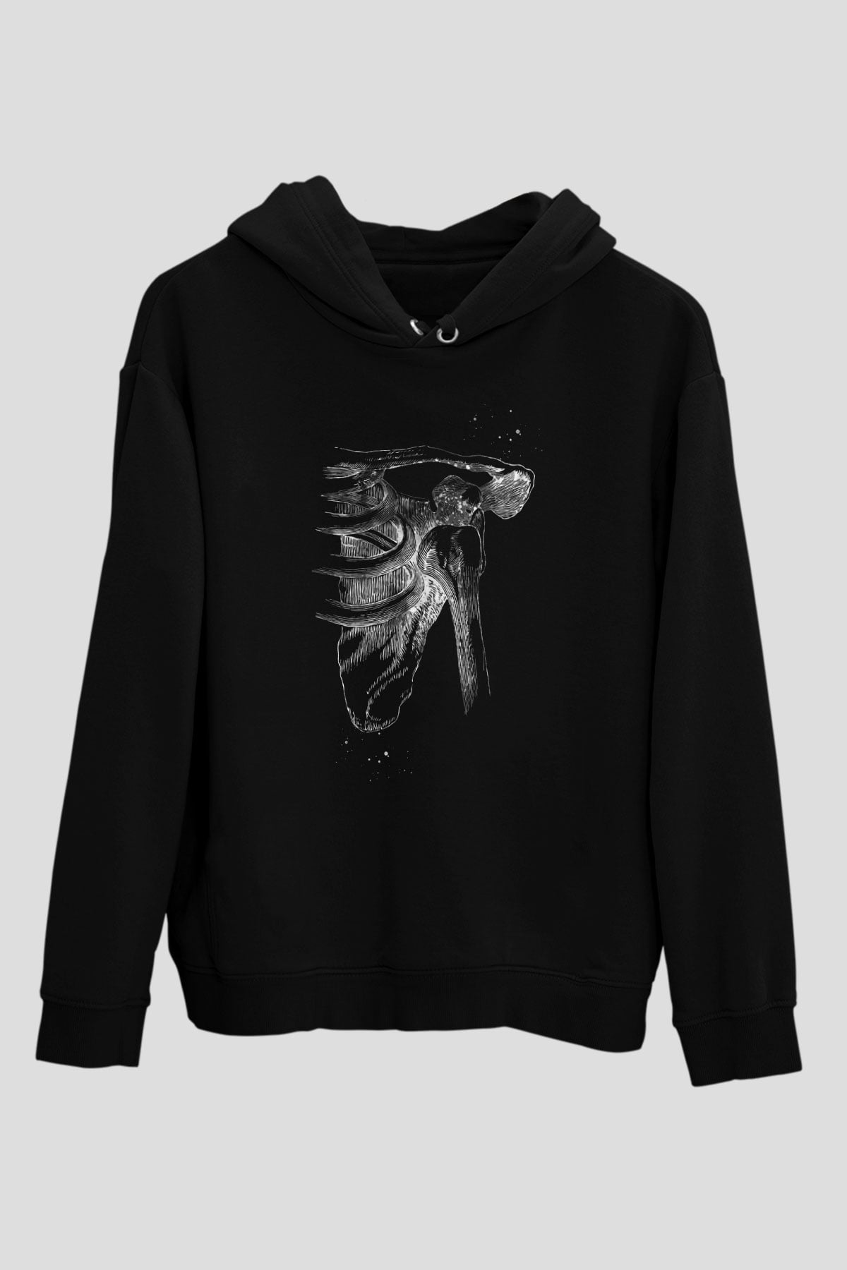 Omuz Çıkığı Baskılı Unisex Siyah Kapüşonlu Sweatshirt