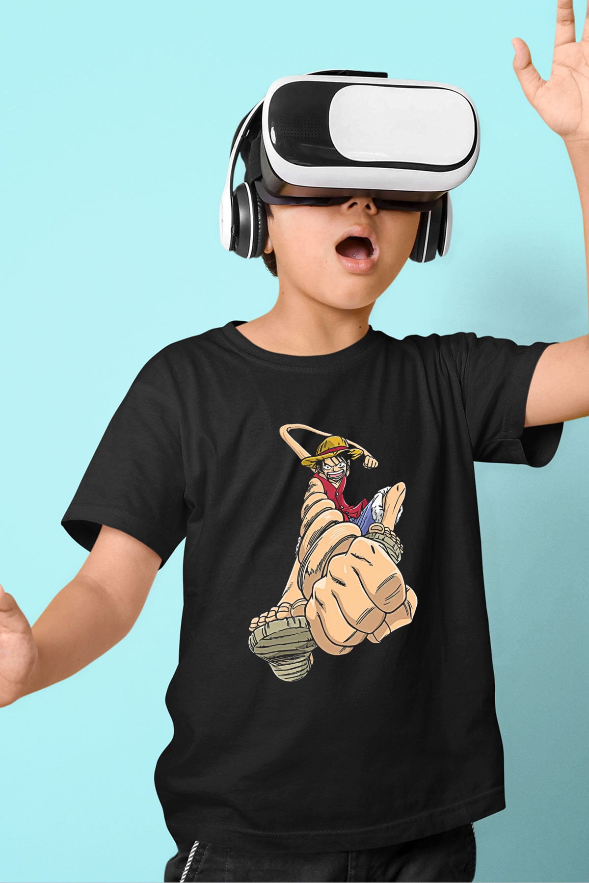 One Piece Baskılı Unisex Siyah Çocuk Tişört - Tshirt