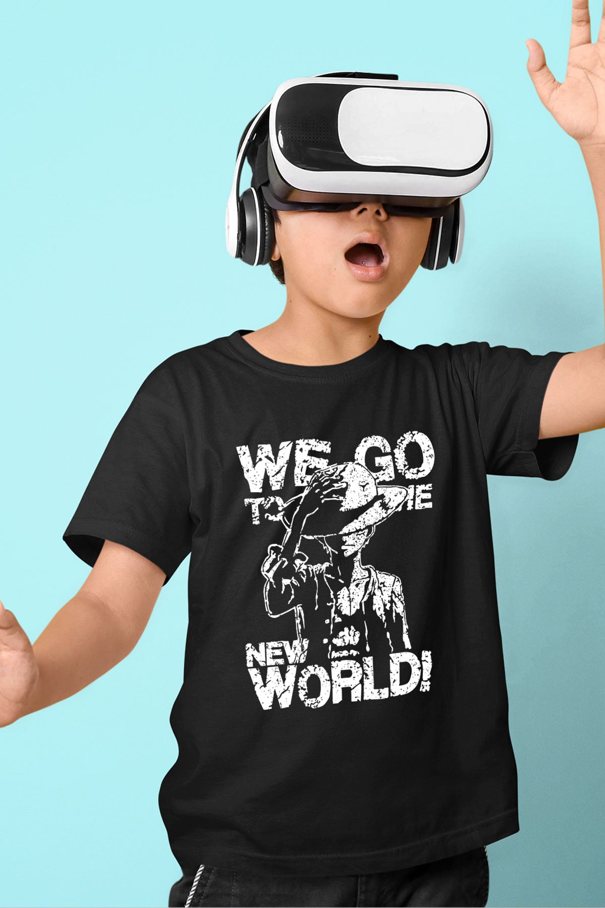 One Piece Baskılı Unisex Siyah Çocuk Tişört - Tshirt