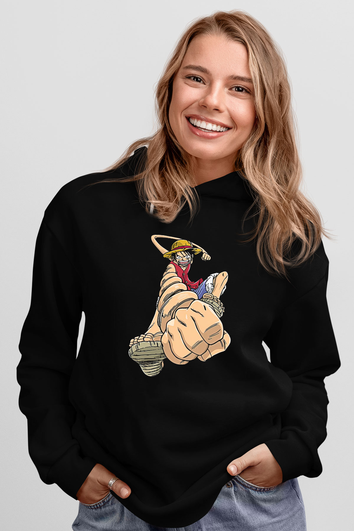 One Piece Baskılı Unisex Siyah Hoodie