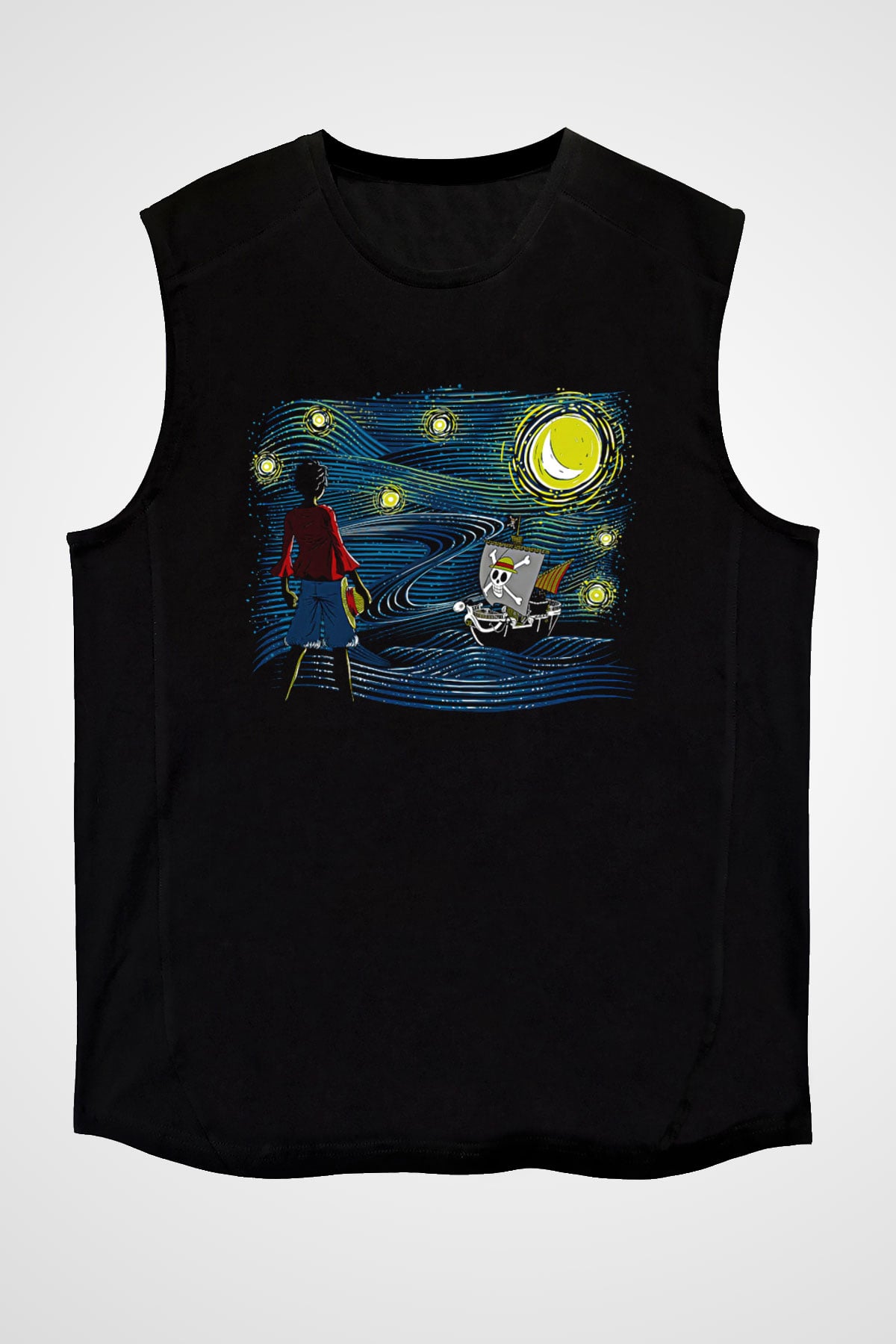 One Piece Baskılı Unisex Siyah Kolsuz Tişört - Tshirt