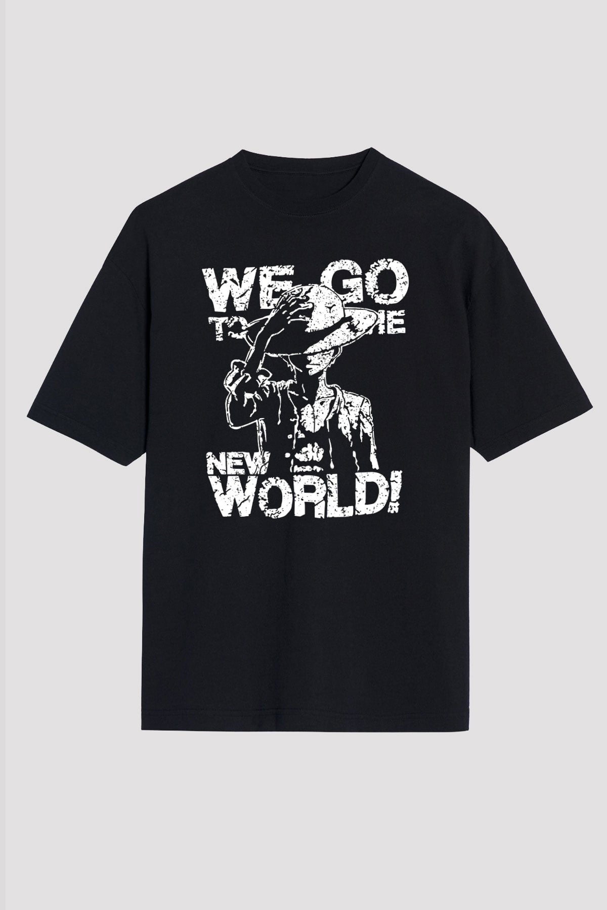 One Piece Baskılı Unisex Siyah Oversize Tişört - Tshirt