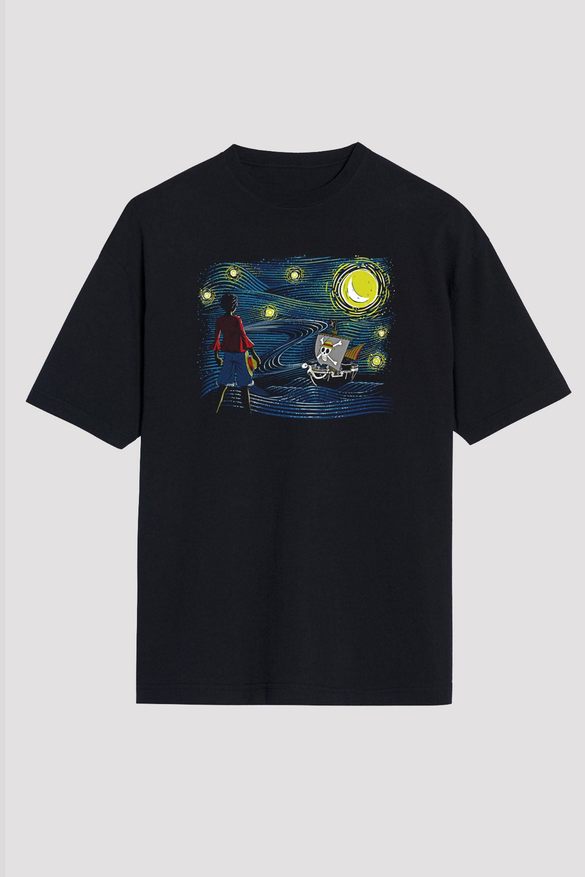 One Piece Baskılı Unisex Siyah Oversize Tişört - Tshirt