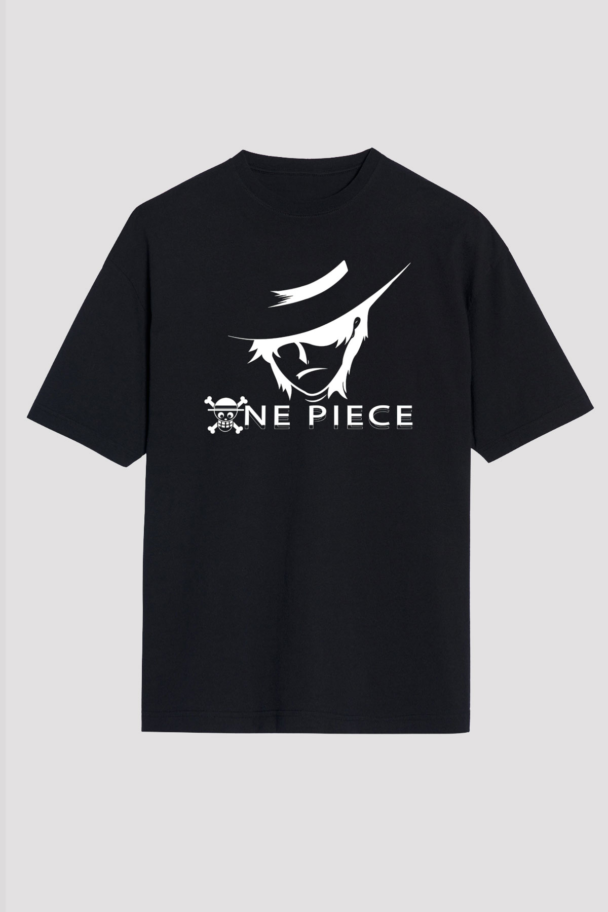 One Piece Baskılı Unisex Siyah Oversize Tişört - Tshirt