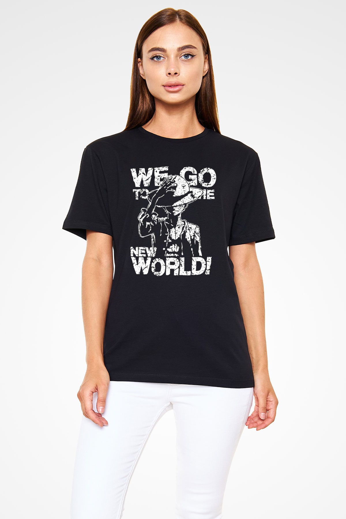 One Piece Baskılı Unisex Siyah Tişört - Tshirt